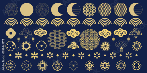 Collection of intricate golden japanese style patterns on a dark background