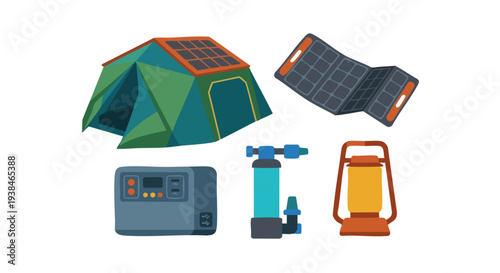 Camping tent, solar panel and portable power station vector icons set