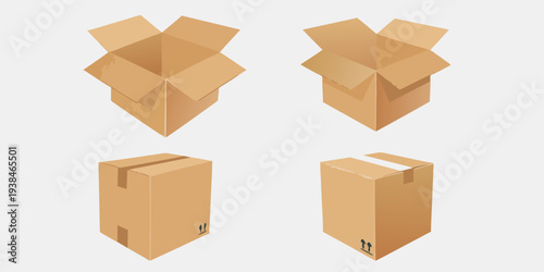 Four cardboard boxes displayed in different perspectives and configurations