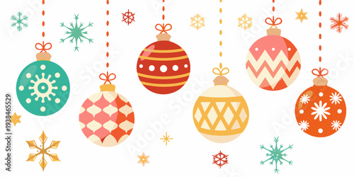 Festive christmas ornaments and snowflakes hanging from dotted lines