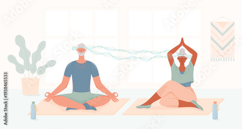 Senior man and woman practicing yoga and meditation with biofeedback neuro headbands and neuro waves between them. Concept of data driven wellness and longevity.