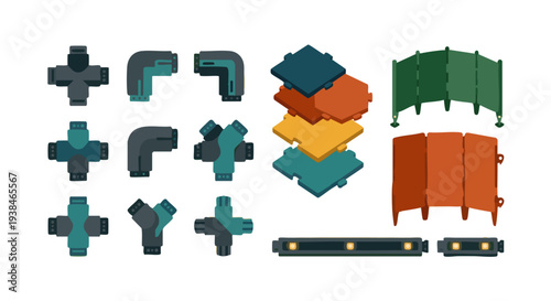 Camping modular furniture and stacked blocks vector icons set