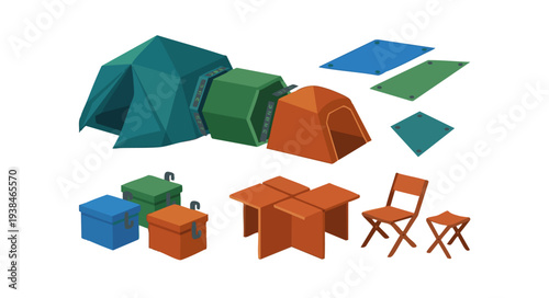 Camping tents, chairs, and storage crates vector icons set