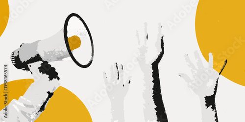 A stylized illustration depicting a megaphone and raised hands reaching upwards