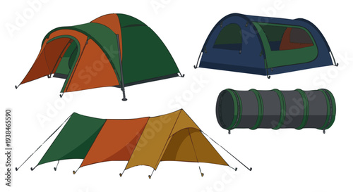 Camping tents and sleeping bag vector icons set