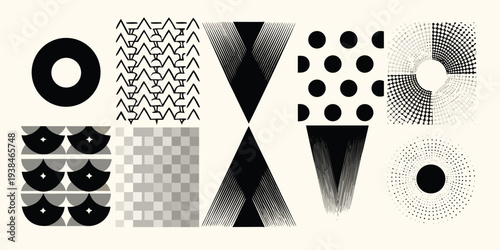 Abstract geometric patterns in black white and varying shades of gray