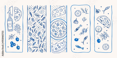 Stylized blue line drawings of various food items arranged vertically