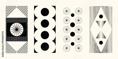 Abstract geometric patterns in grayscale circles dots and linear shapes