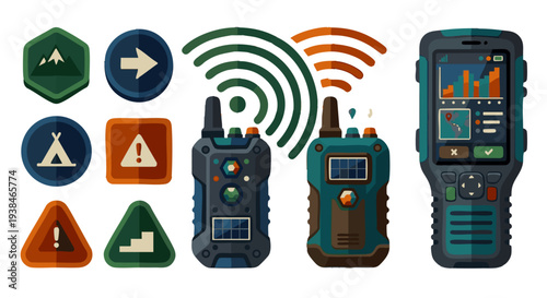 Communication devices and navigation signs vector icons
