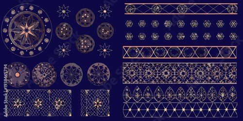 Intricate floral and geometric patterns in shades of purple and peach