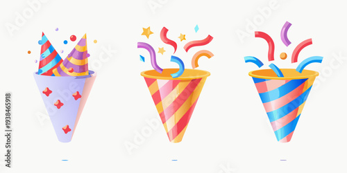 Colorful party poppers with confetti and ribbons isolated on white