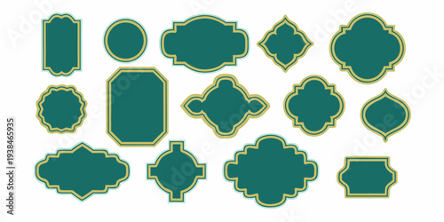 Collection of ornate teal and gold decorative frame shapes arranged closely