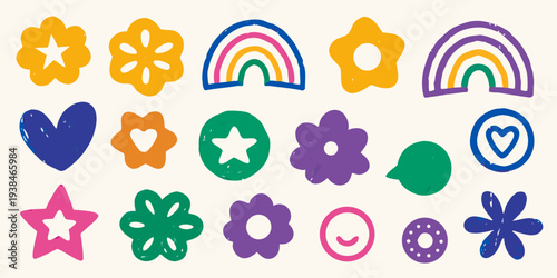 Colorful hand drawn shapes including rainbows stars hearts and flowers