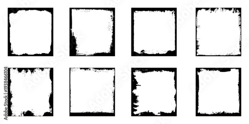 Set of grunge square frames. Empty border background. Hand draws black and white ink. Distress damaged edge vintage template. Brush stroke vector.