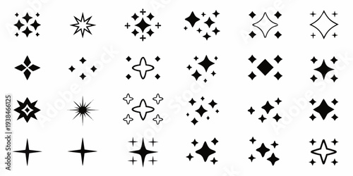 Collection of diverse black sparkle and starburst shaped icons on white