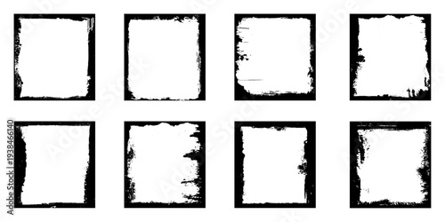 Set of grunge square frames. Empty border background. Hand draws black and white ink. Distress damaged edge vintage template. Brush stroke vector.