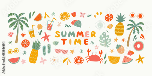 Colorful summer illustration featuring tropical fruits beach items and lettering