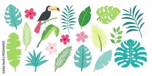 Tropical leaves and a toucan bird arranged in a colorful illustration