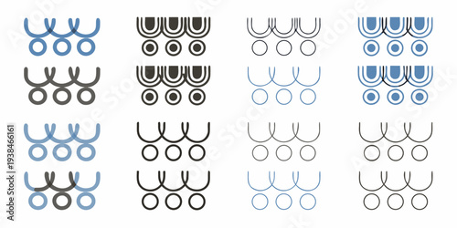 Variations of abstract circular and linear graphic designs in a grid