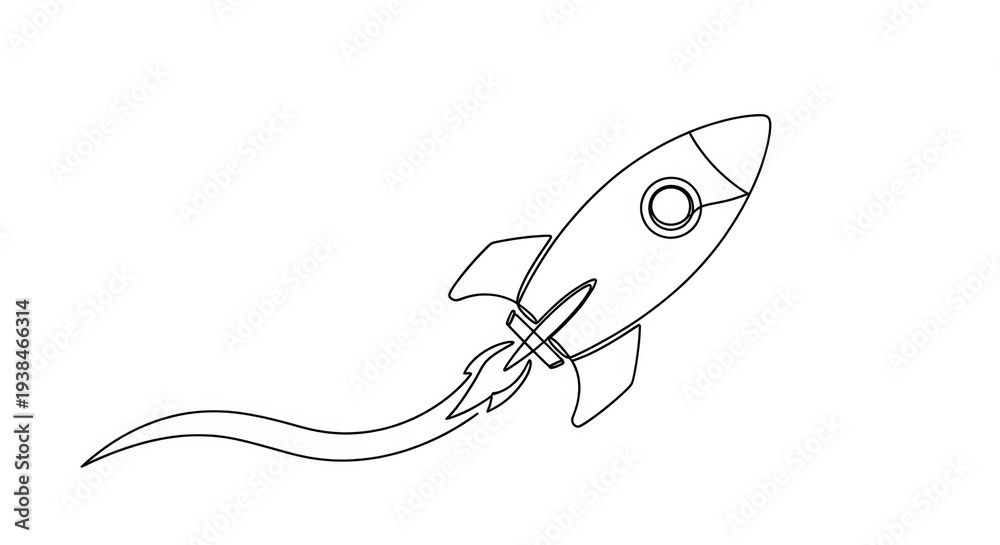 Fototapeta premium Simple Line Art Rocket Ship Launching into Space with Flame Trail
