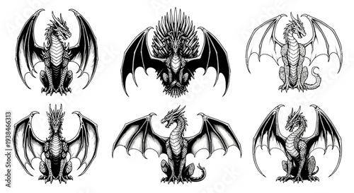 Set of Six Mythical Dragons, Fantasy Creatures, Tattoo Designs, Black and White Illustrations