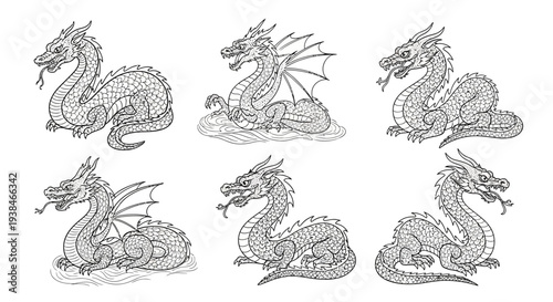 Set of Six Vintage Dragon Illustrations, Mythical Creature Line Art, Fantasy Beast Designs