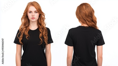 Young beautiful redhead woman wearing a plain black t-shirt, shown in front and back view, standing against a clean white background, perfect template for custom logo or design 