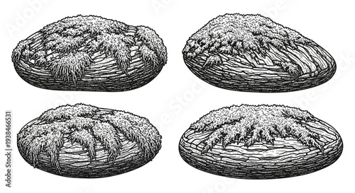 Vintage illustration of four loaves of bread, black and white drawing, rustic, artisanal, bakery, food