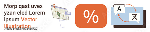 Localization, translation, navigation, business analytics, online learning, technology. Set of vector icons including a map with a marker, percentage symbol, and language translation graphics
