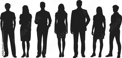 Group of Young Men and Women Standing Silhouettes in Casual and Business Style Isolated for People Character Design