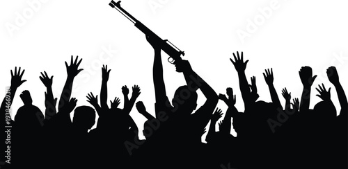 Crowd silhouettes with raised hands and armed figure holding rifle, protest conflict revolution concept, social unrest demonstration illustration crowd scene