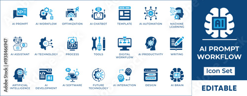 Generative AI prompt engineering and machine learning icon set. Artificial intelligence chat bot, automated workflow and digital brain vector symbols.