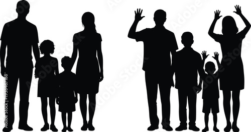 Happy Family with Parents and Children Waving Hands Silhouette Set Isolated for Parenting Lifestyle and People Design