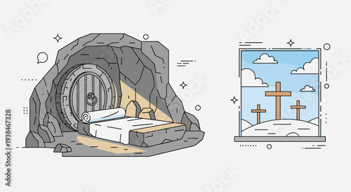 A minimalist illustration of a cave entrance and crosses, featuring a flat design style, perfect for religious themes