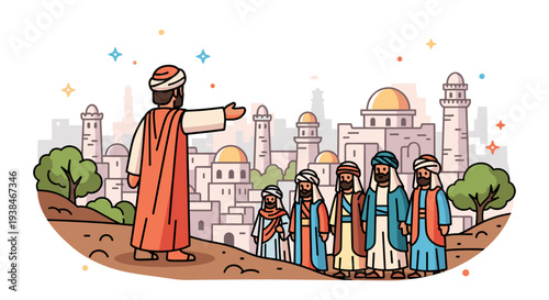 A vibrant illustration depicting a storyteller engaging with a group of listeners in a historic cityscape, in a flat design style