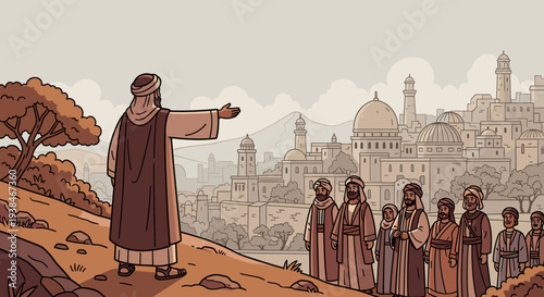 A historical scene depicting a figure addressing a group of people in a city landscape, illustrated in a flat style