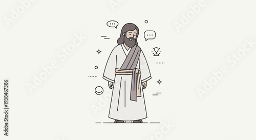 A minimalist illustration of a man in traditional robes, featuring a modern line art style with speech bubbles