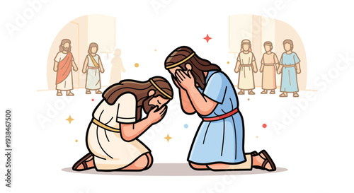 Two women in ancient attire expressing sorrow, illustrated in a modern flat style, suitable for emotional storytelling