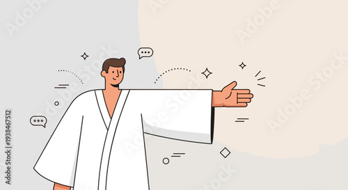 A cheerful man in a traditional robe gesturing with enthusiasm, illustrated in a modern flat style