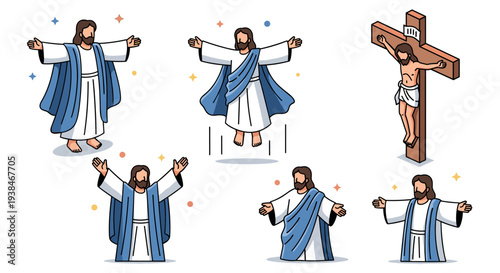 A collection of illustrations depicting Jesus Christ in various poses, featuring a modern flat design style