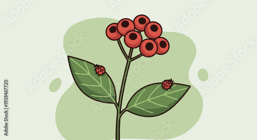 A vibrant illustration of a flowering plant with round red berries and ladybugs, featuring a minimalist style