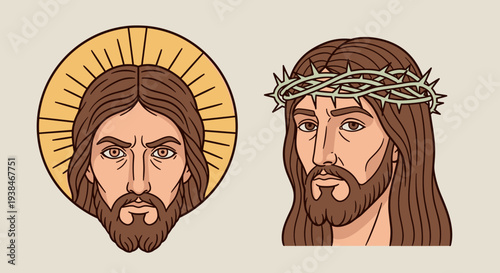 Two illustrated portraits of Jesus Christ, featuring distinct styles and expressions, suitable for religious themes