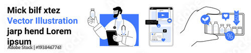 Medicine ordering, telehealth, online pharmacy, prescription tracking, healthcare apps, e-commerce. Doctor holding a bottle, smartphone screen with pharmacy apps. Medicine ordering and telehealth