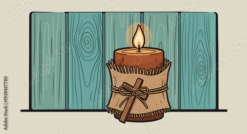 A cozy candle wrapped in burlap sits against a rustic wooden background, featuring a warm, inviting style