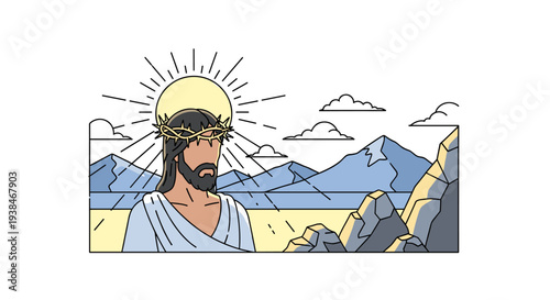 An illustration of a serene figure with a crown of thorns, set against a mountainous landscape in a minimalist style