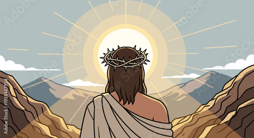 A serene illustration of a figure with a crown of thorns, overlooking mountains with a radiant sun, in a modern flat style