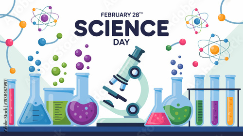Colorful science day illustration with laboratory equipment and molecules on a clean white background perfect for educational content