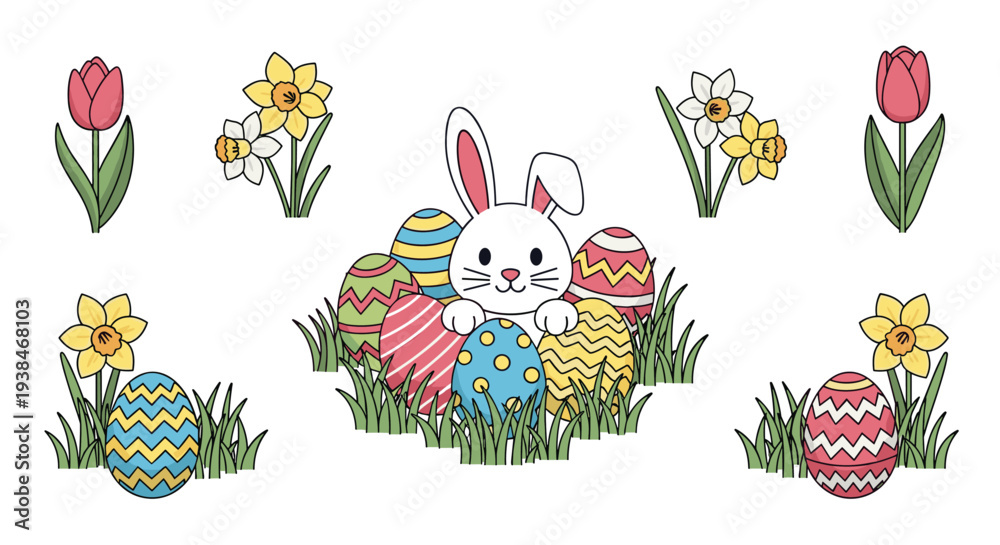 Obraz premium Colorful Easter eggs and a cheerful bunny surrounded by flowers, in a playful flat design style
