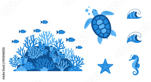 Blue sea turtle and ocean creatures.