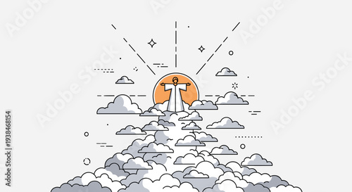 A minimalist illustration of clouds with a rising sun and rays, featuring a modern outline style for creative projects